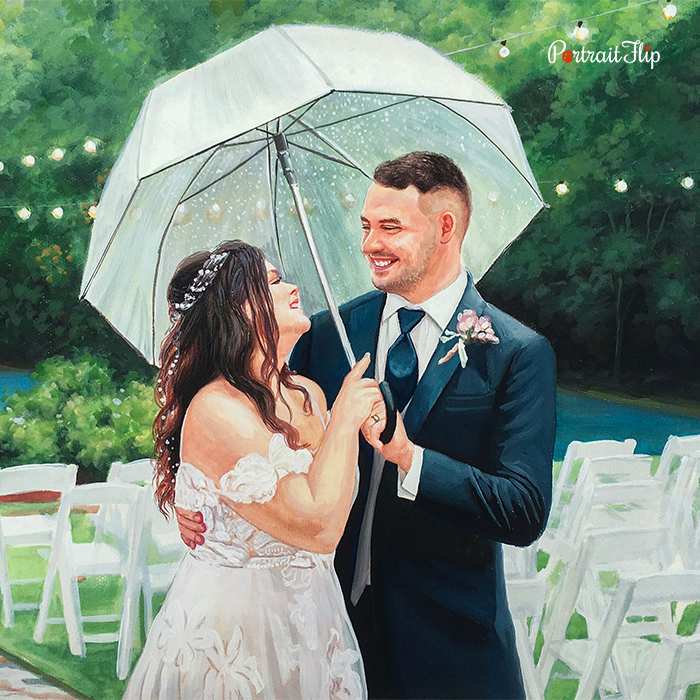 Watercolor painting of couple under umbrella